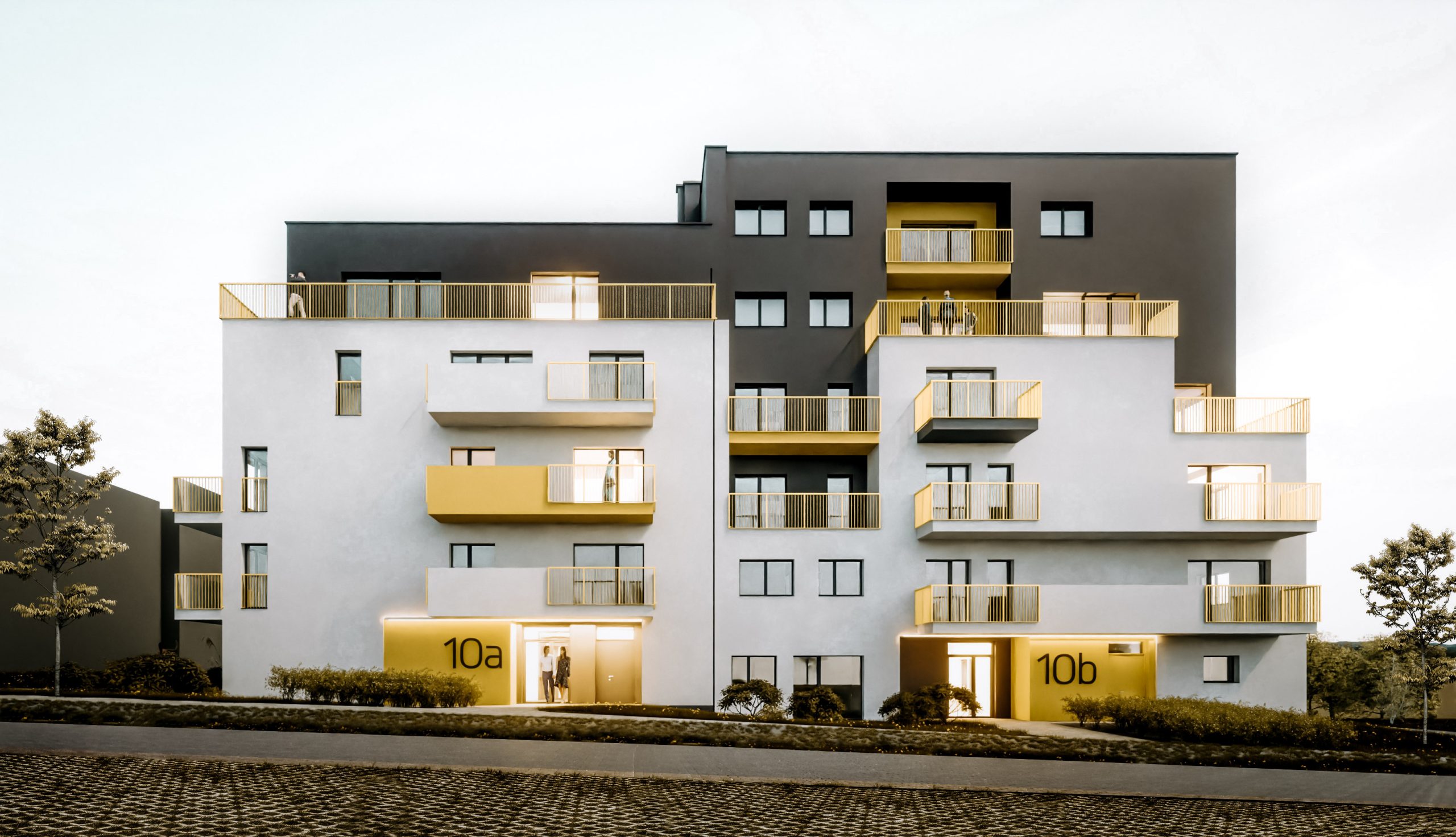 
<p>Budynek mieszkalny wielorodzinny z żółtymi balustradami zawierający 40 mieszkań o zróżnicowanej powierzchni</p>
